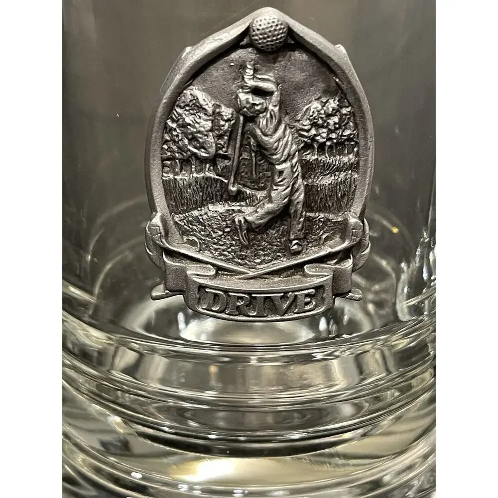 Drive!!Clear Glass Beer Stein Mug Raised Attached Golf Swing Pewter Medallion
